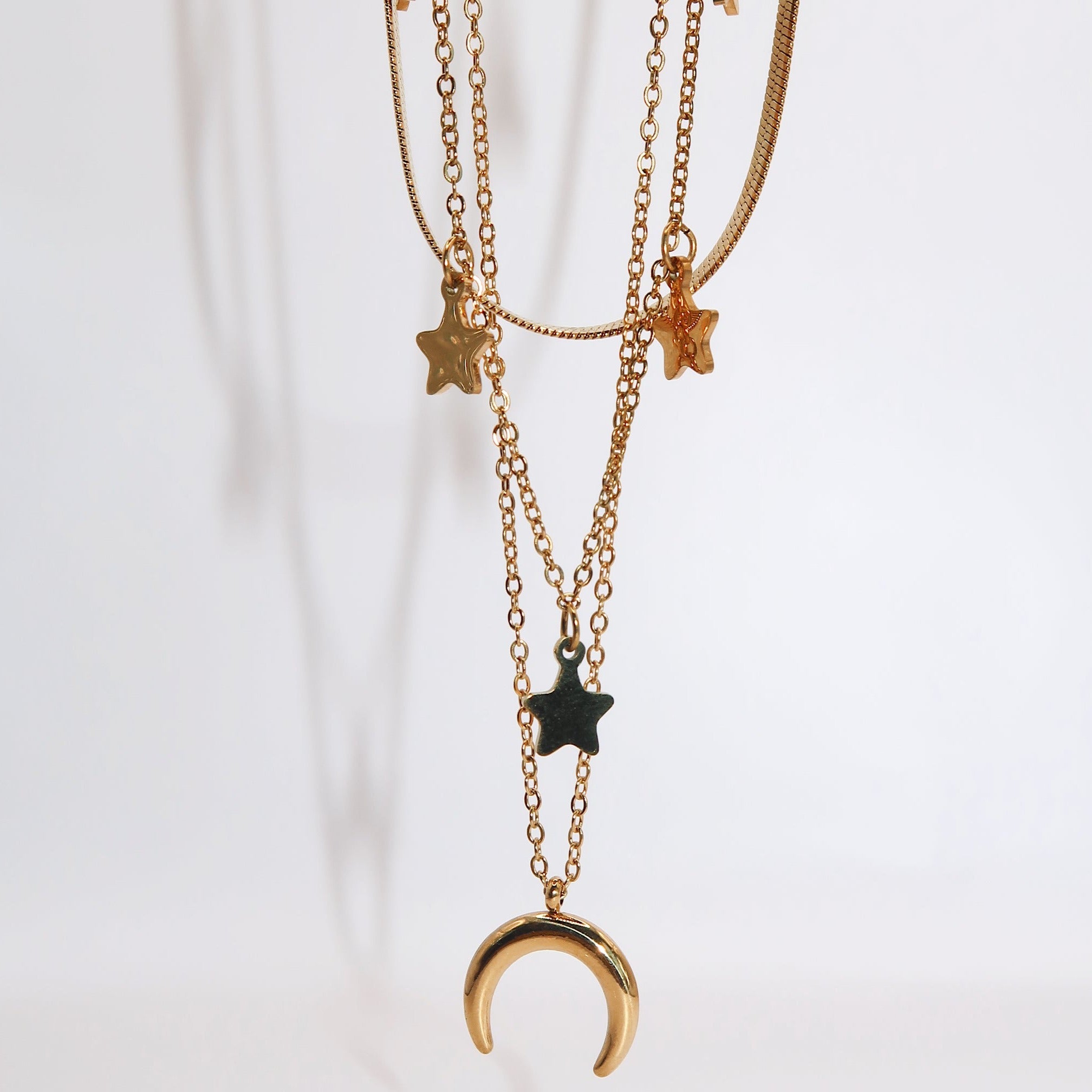 CELESTE - 18K Gold Star and Moon Layered Necklace - Mixed Metals