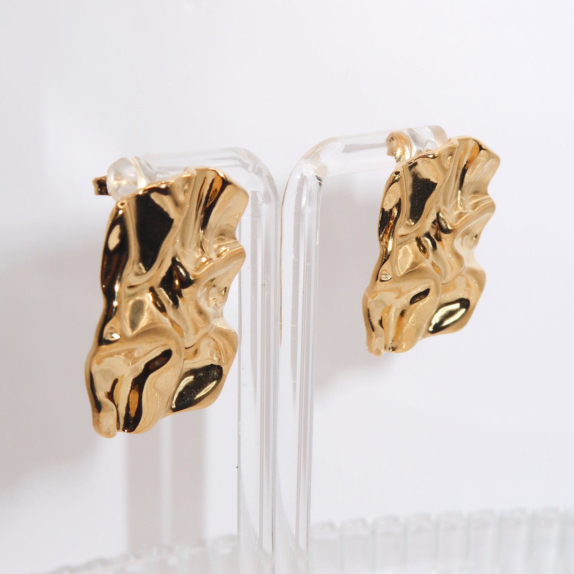 LUNA - 18K PVD Gold Plated Rectangular Hammered Stud Earrings - Mixed Metals