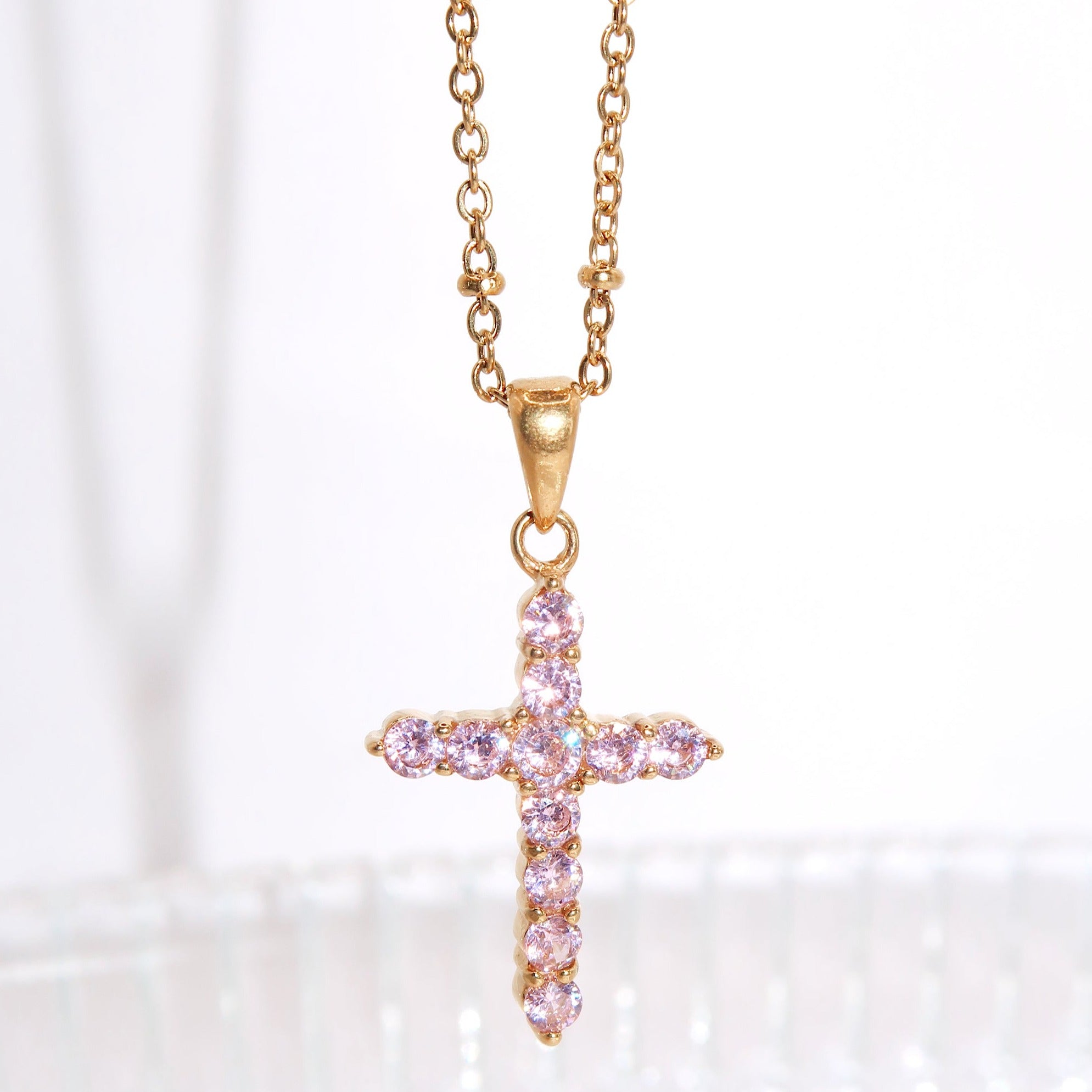 EMMY - 18K PVD Gold Plated Dainty Cross Pendant Necklace with Pink CZ Stones - Mixed Metals