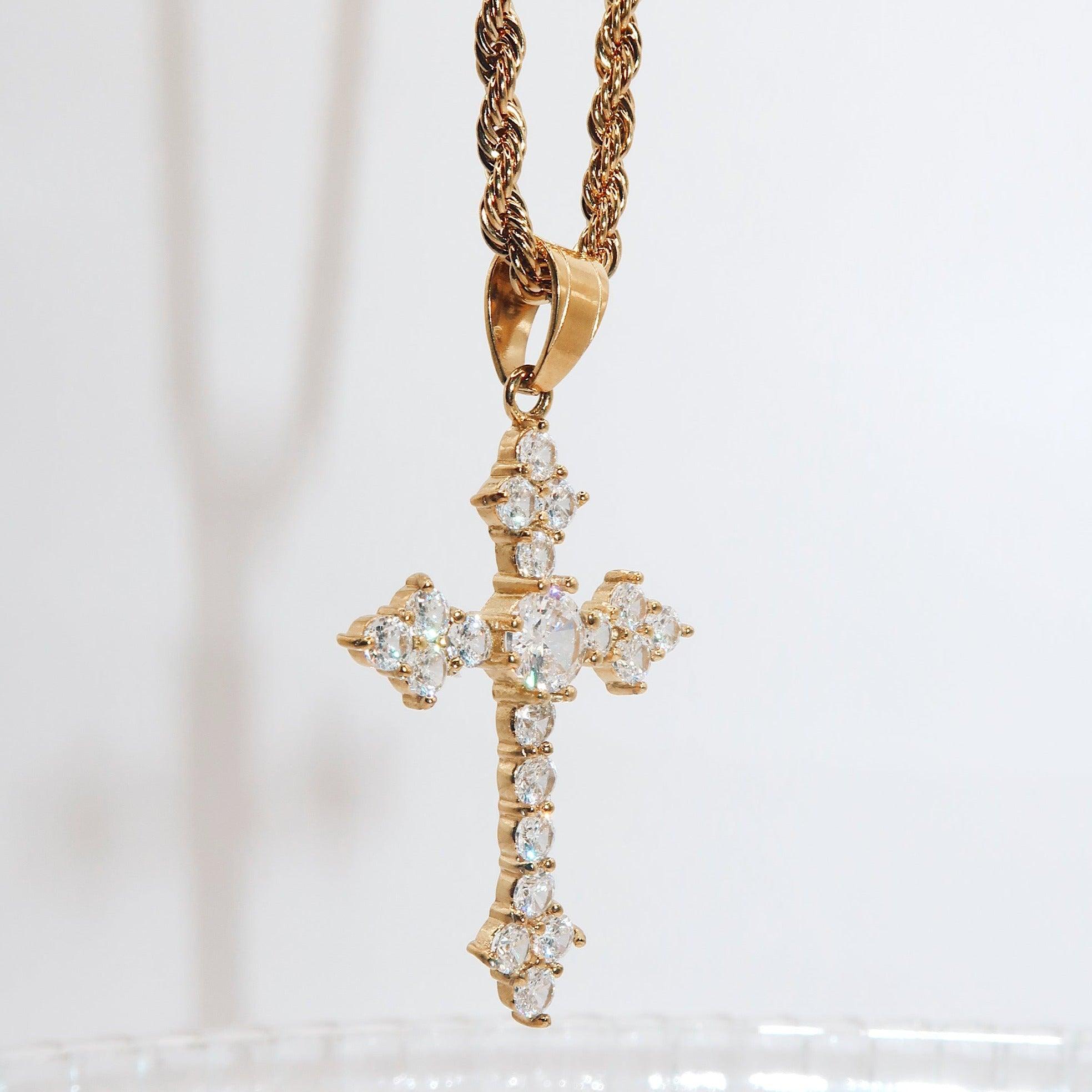CANDACE - 18K PVD Gold Plated Cross Necklace with Round Brilliant Cut CZ Stones - Mixed Metals