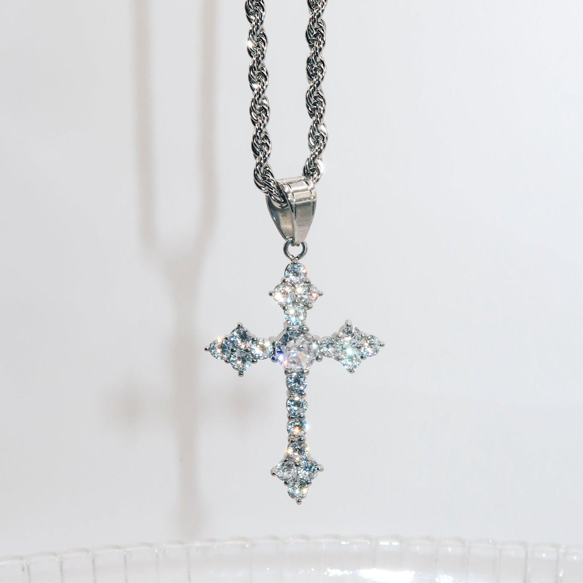 CANDACE - 18K PVD Gold Plated Cross Necklace with Round Brilliant Cut CZ Stones - Mixed Metals