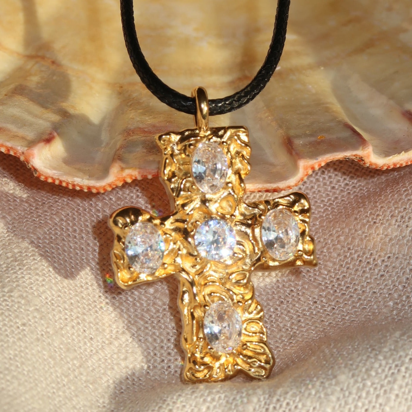 LAURA - 18K PVD Gold Plated Cross Necklace with Oval Shaped Stones - Mixed Metals