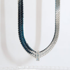 JOCELYN - 18K PVD Silver Plated Herringbone Chain Necklace with CZ Stone Pendant - Mixed Metals