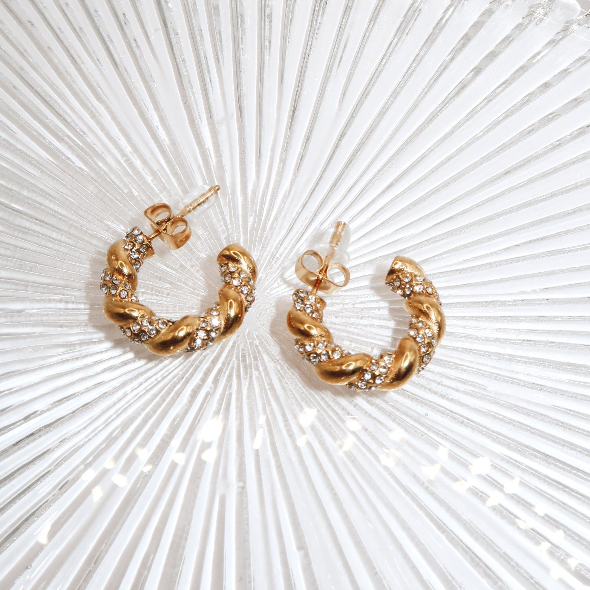 JOSIE - 18K PVD Gold Plated Small Twisted Hoop Earrings with CZ Stones - Mixed Metals