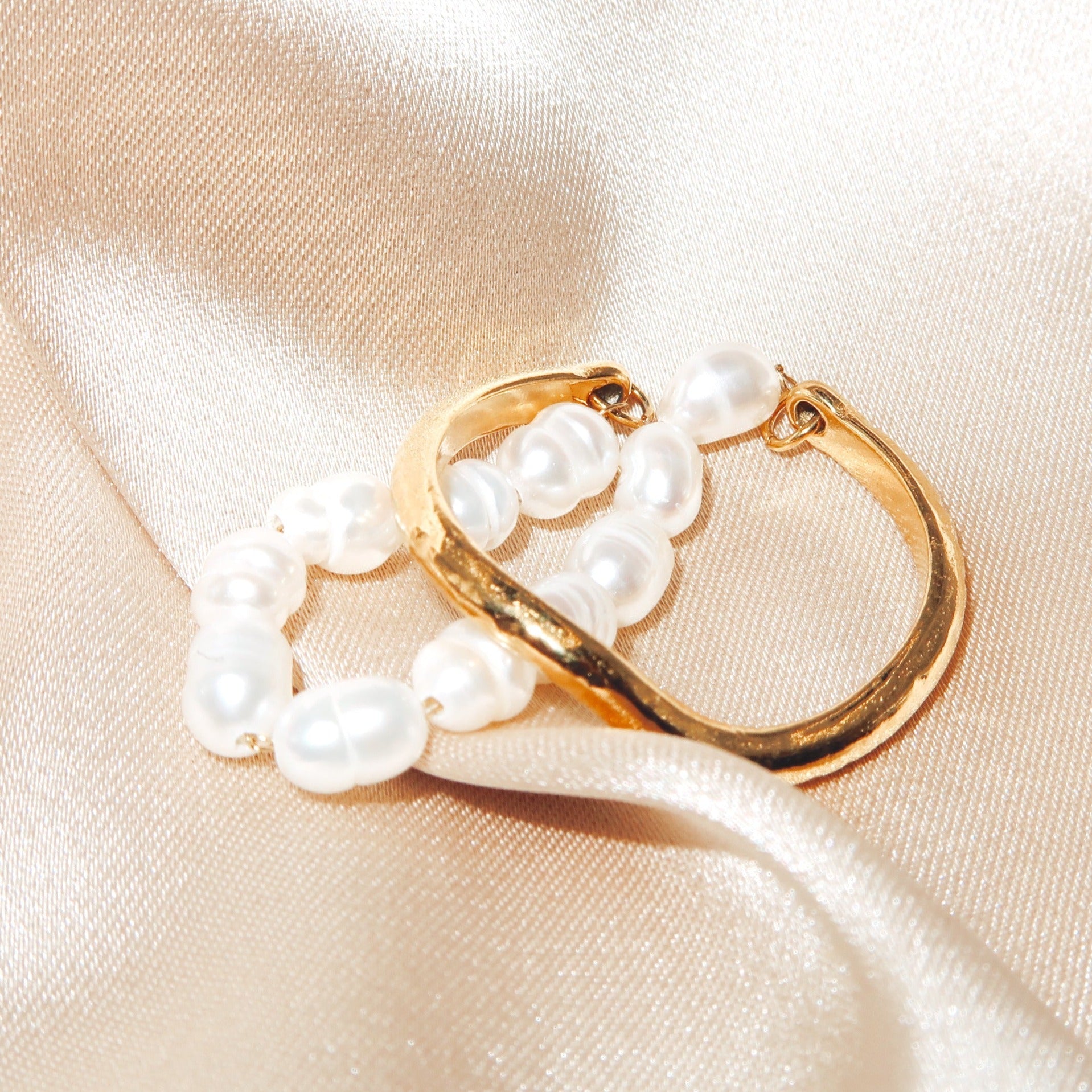 KAIA - 18K PVD Gold Plated Double Hoop Ring with Freshwater Pearls - Mixed Metals
