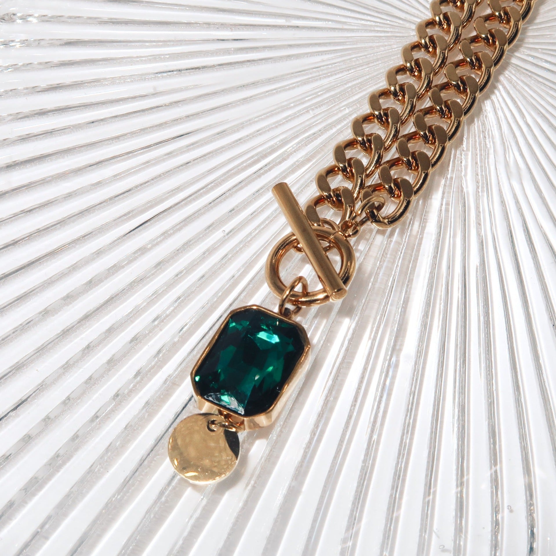 KENZ - 18K PVD Gold Plated Link Necklace with Emerald CZ Stone - Mixed Metals