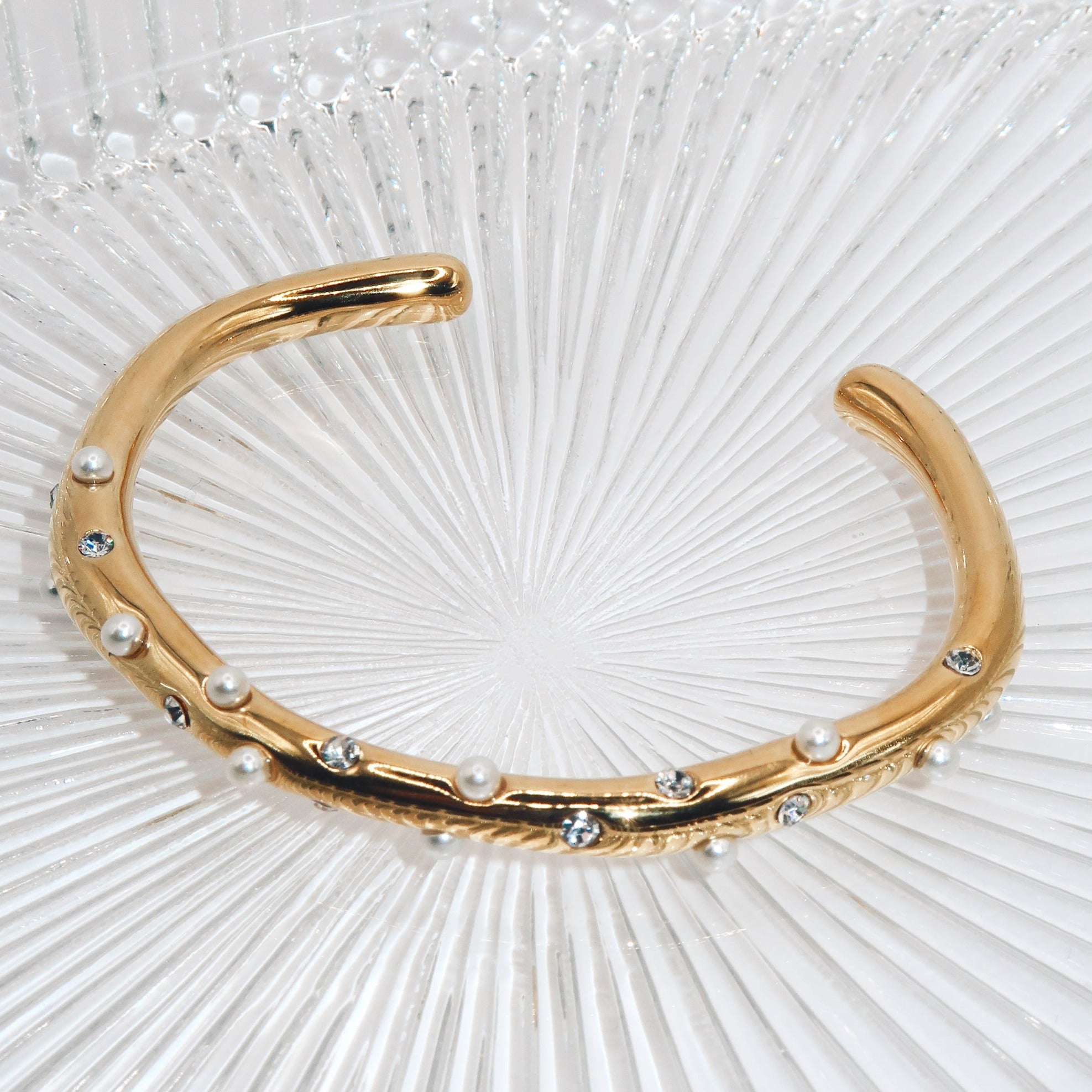 MILANO - 18K PVD Gold Plated CZ Stones and Freshwater Pearl Detail Cuff Bracelet - Mixed Metals
