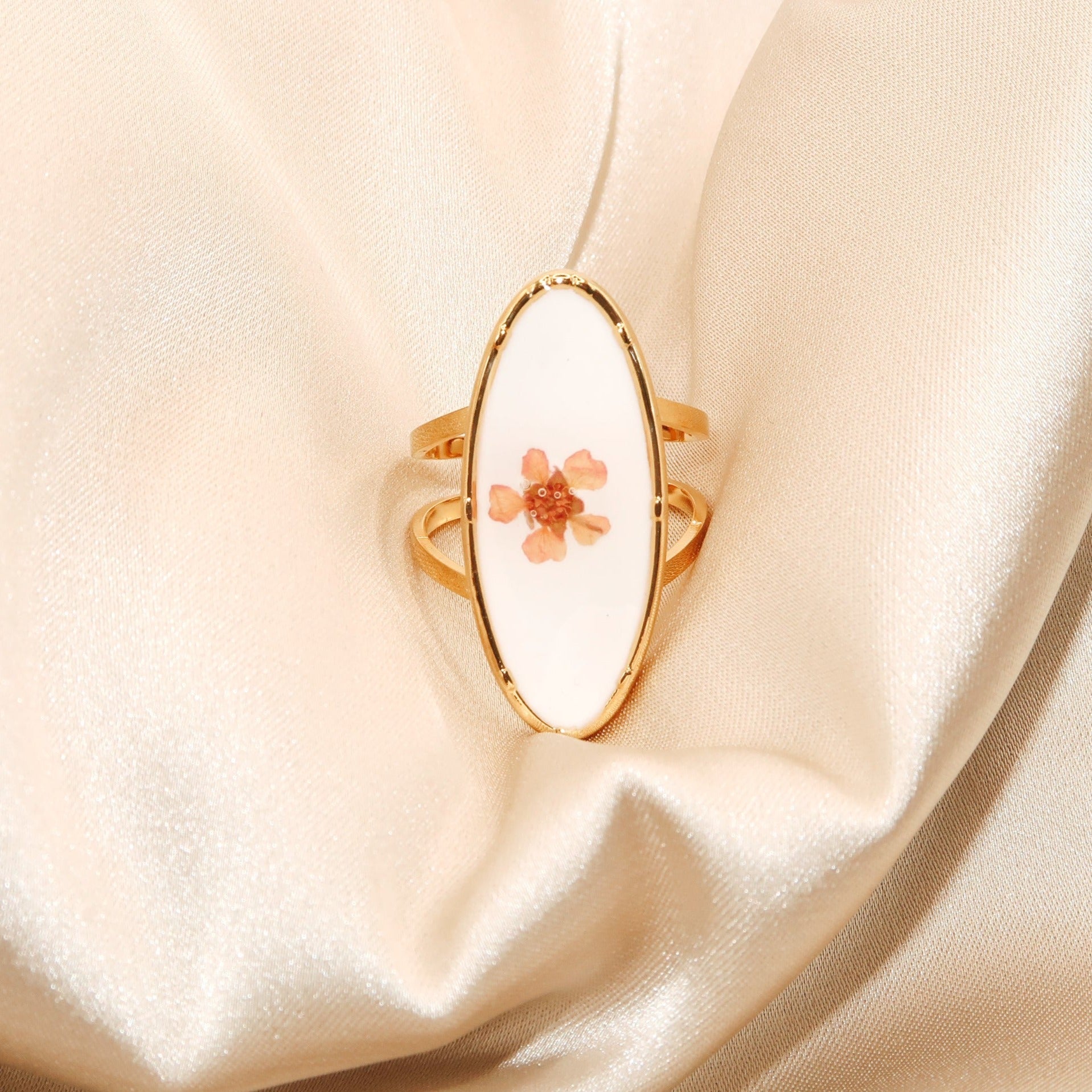 REMI - 18K PVD Gold Plated Oval Shaped White Plum Flower Ring - Mixed Metals