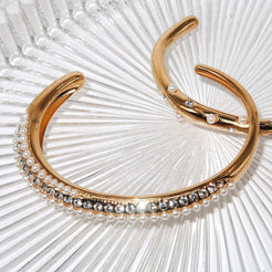 SELENA - 18K PVD Gold Plated Adjustable Cuff Bracelet with CZ Stones and Freshwater Pearls - Mixed Metals