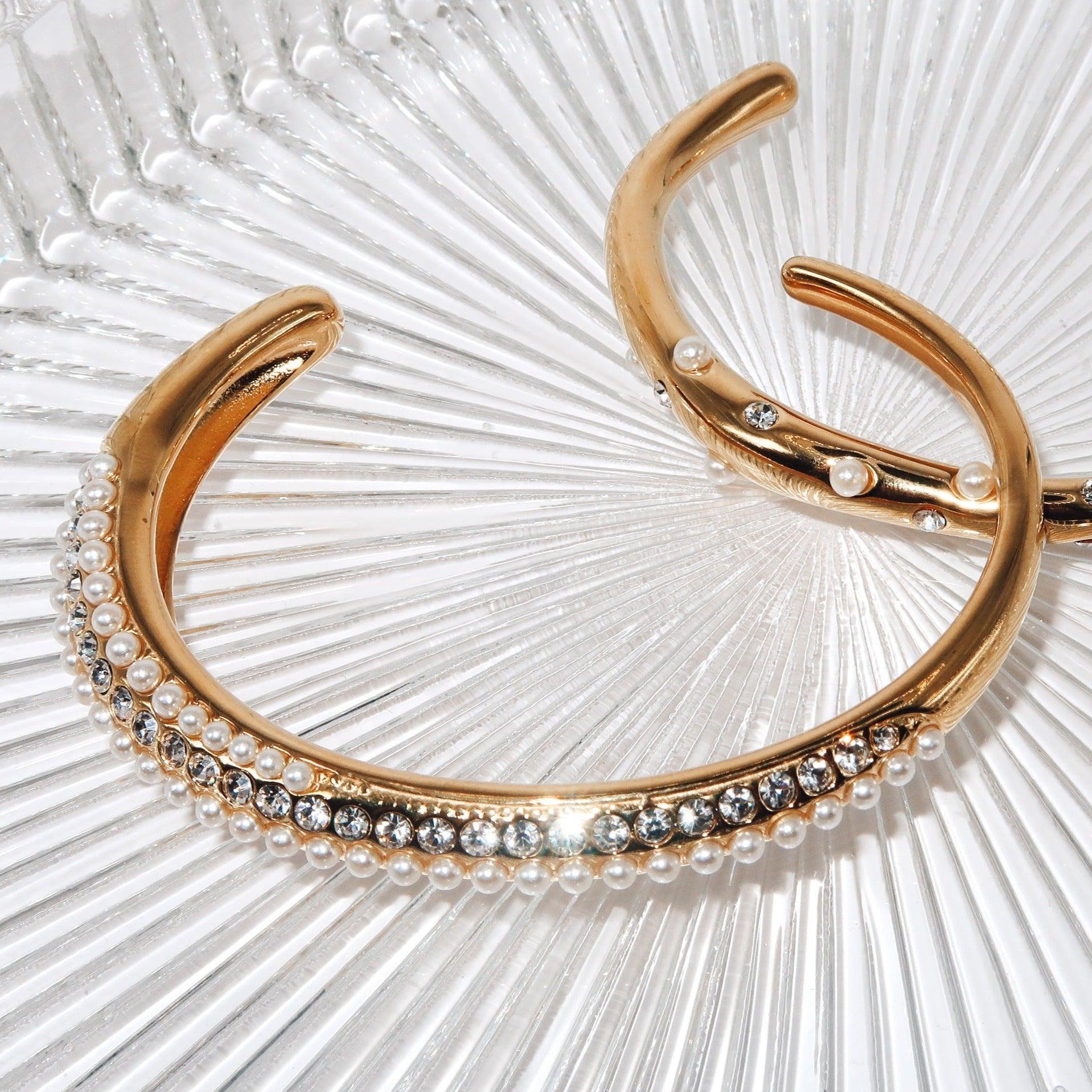 SELENA - 18K PVD Gold Plated Adjustable Cuff Bracelet with CZ Stones and Freshwater Pearls - Mixed Metals