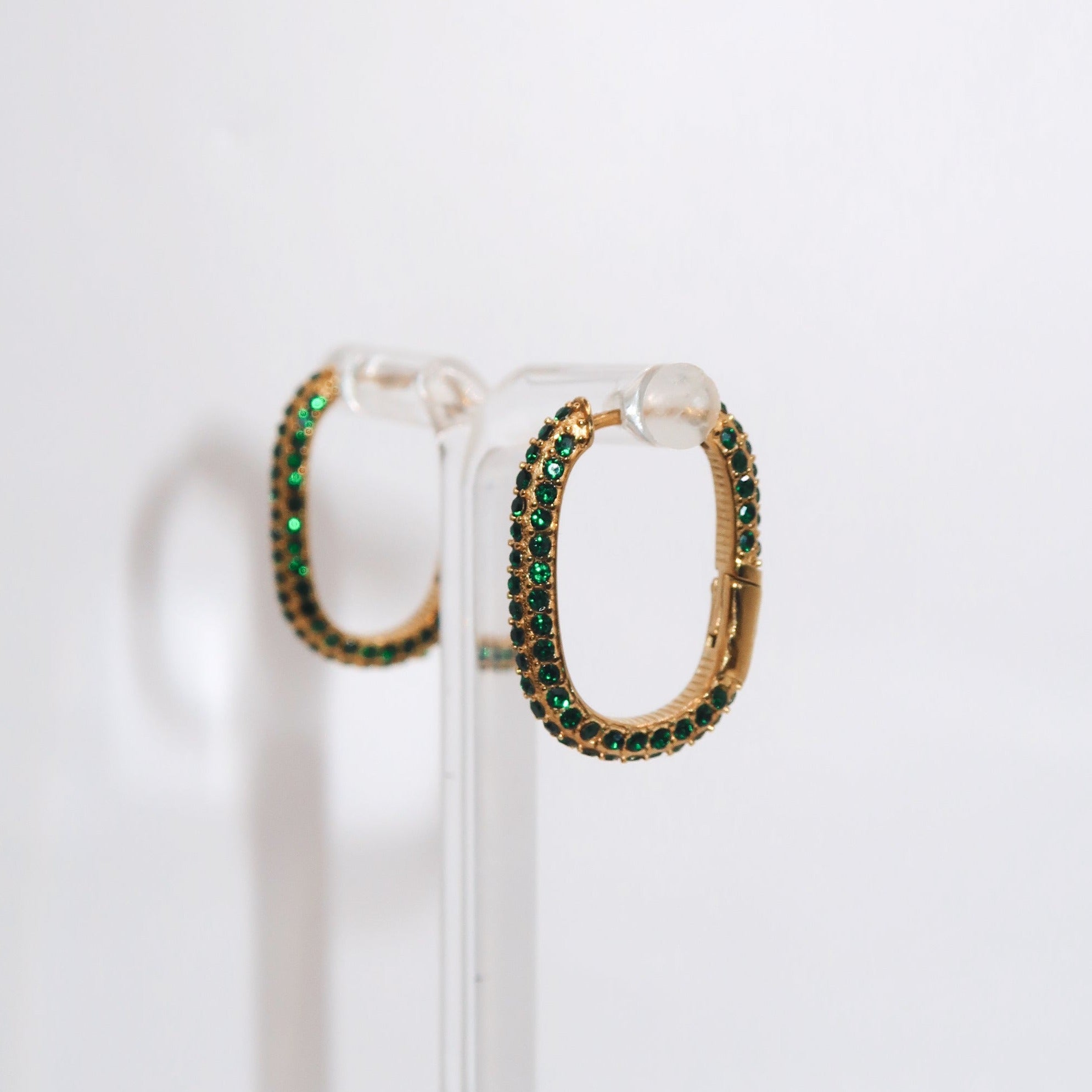 TEAGAN - 18K PVD Gold Plated Rectangular Hoop Earrings with Emerald CZ Stones - Mixed Metals