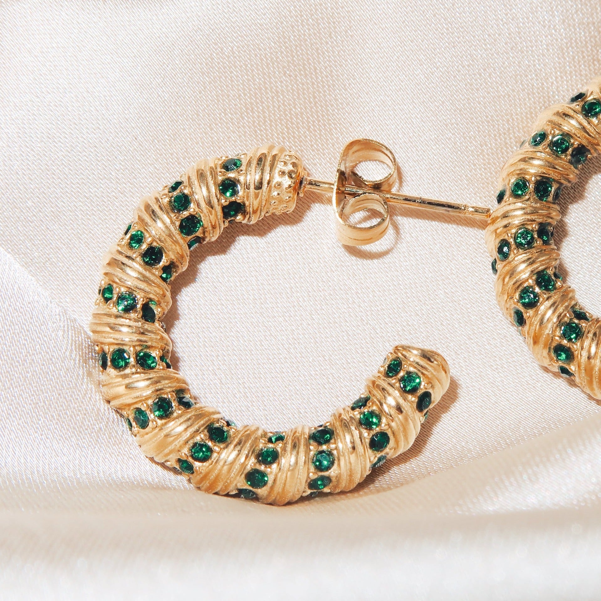 TINARA - 18K PVD Gold Plated Twisted Hoop Earrings with Emerald CZ Stones - Mixed Metals
