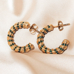 TINARA - 18K PVD Gold Plated Twisted Hoop Earrings with Emerald CZ Stones - Mixed Metals