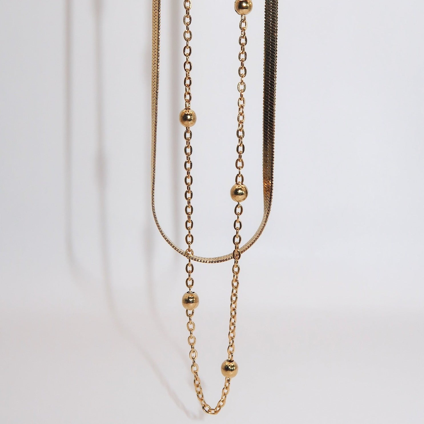 GRACE - 18K PVD Gold Plated Double Layered Necklace w/Gold Bead Detail - Mixed Metals