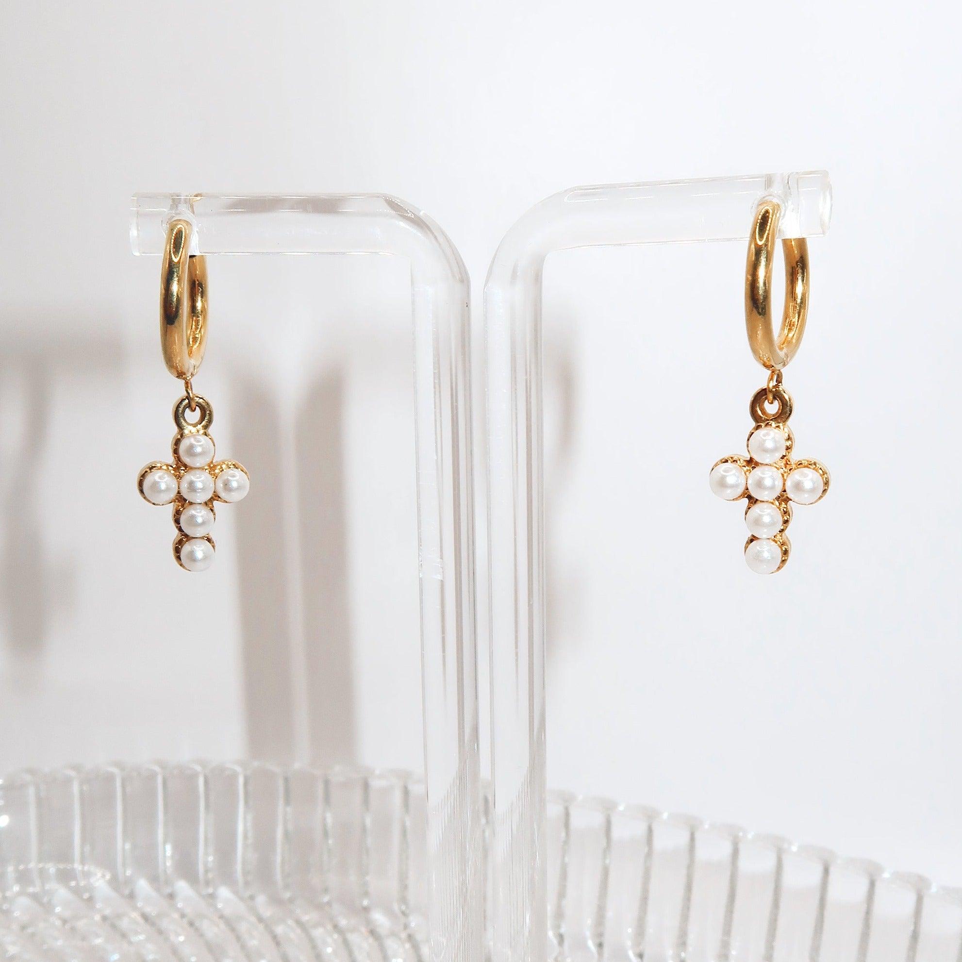 MARIA - 18K PVD Gold Plated Freshwater Pearl Cross Hoop Earrings - Mixed Metals