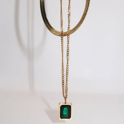 AUBREY - 18K PVD Gold Plated Double Layered Necklace with Emerald Pendant - Mixed Metals