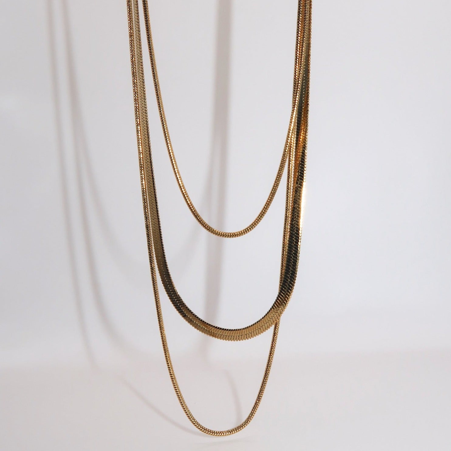 NOVA- 18K PVD Gold Plated Triple Layered Herringbone Necklace - Mixed Metals