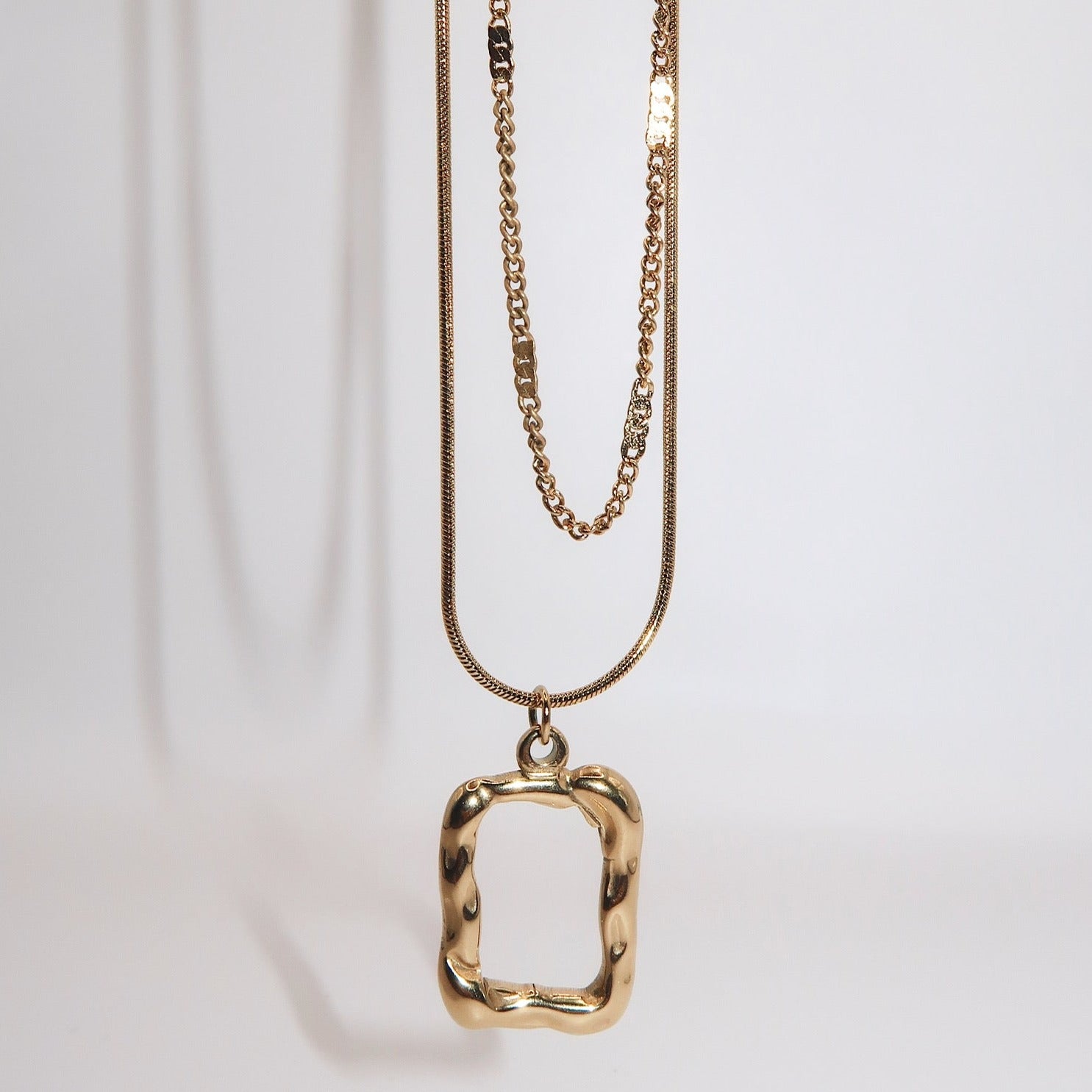 ALANAH - 18K PVD Gold Plated Double Layered Necklace w/Rectangular Pendant - Mixed Metals