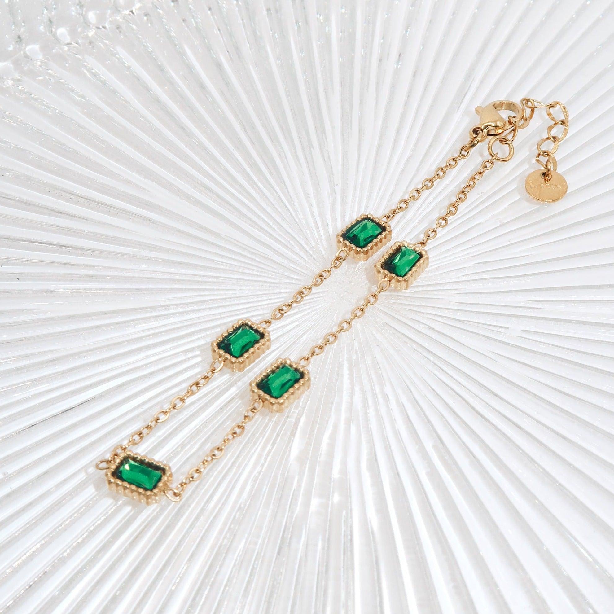 FARAH - 18K PVD Gold Plated Dainty Bracelet with Emerald CZ Stones - Mixed Metals