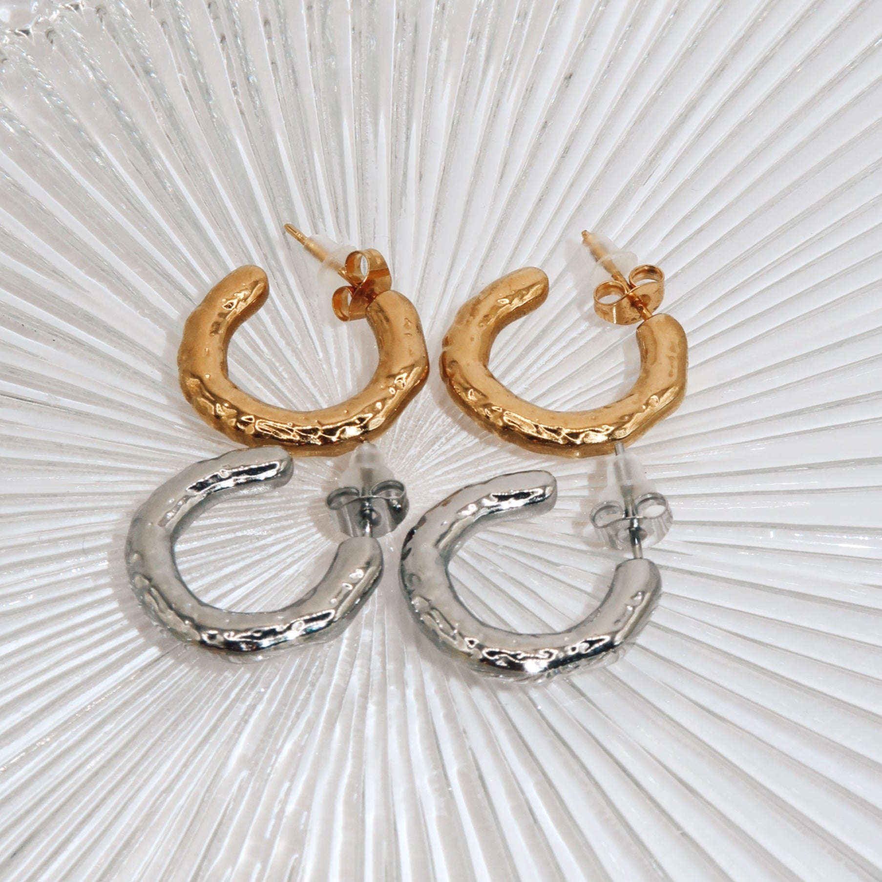 ZAINA - 18K PVD Gold Plated Small Hammered Hoop Earrings - Mixed Metals