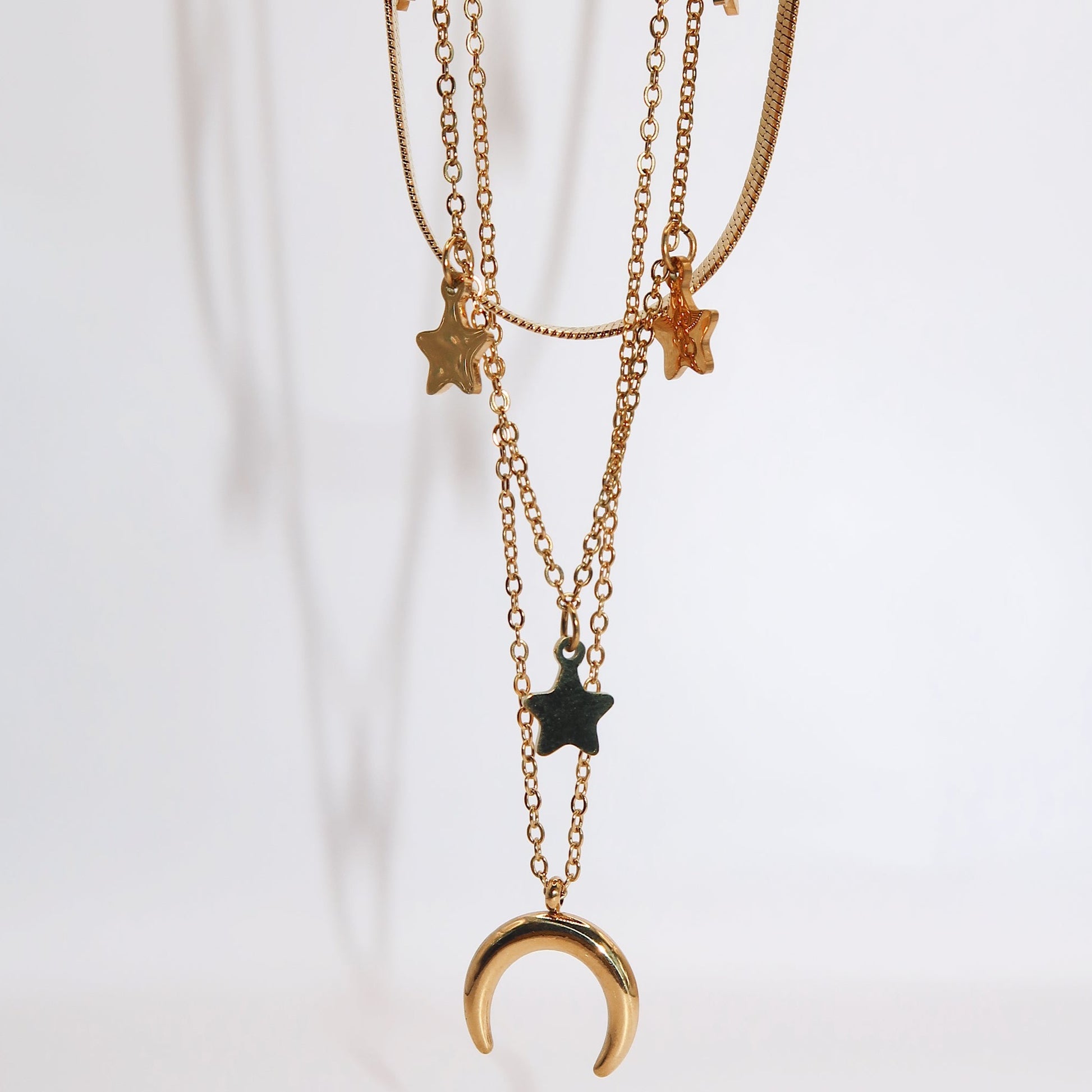 CELESTE - 18K Gold Star and Moon Layered Necklace - Mixed Metals