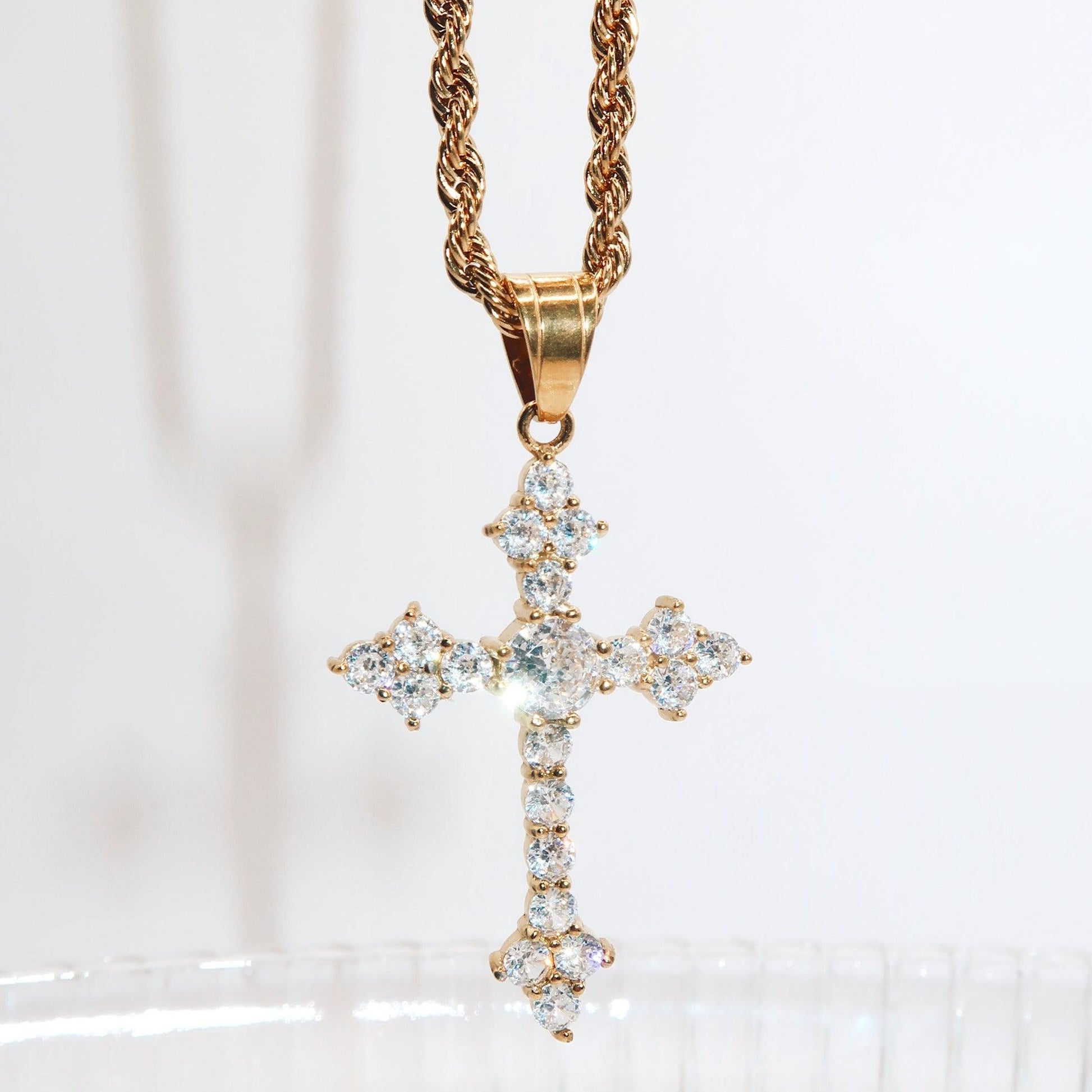 CANDACE - 18K PVD Gold Plated Cross Necklace with Round Brilliant Cut CZ Stones - Mixed Metals