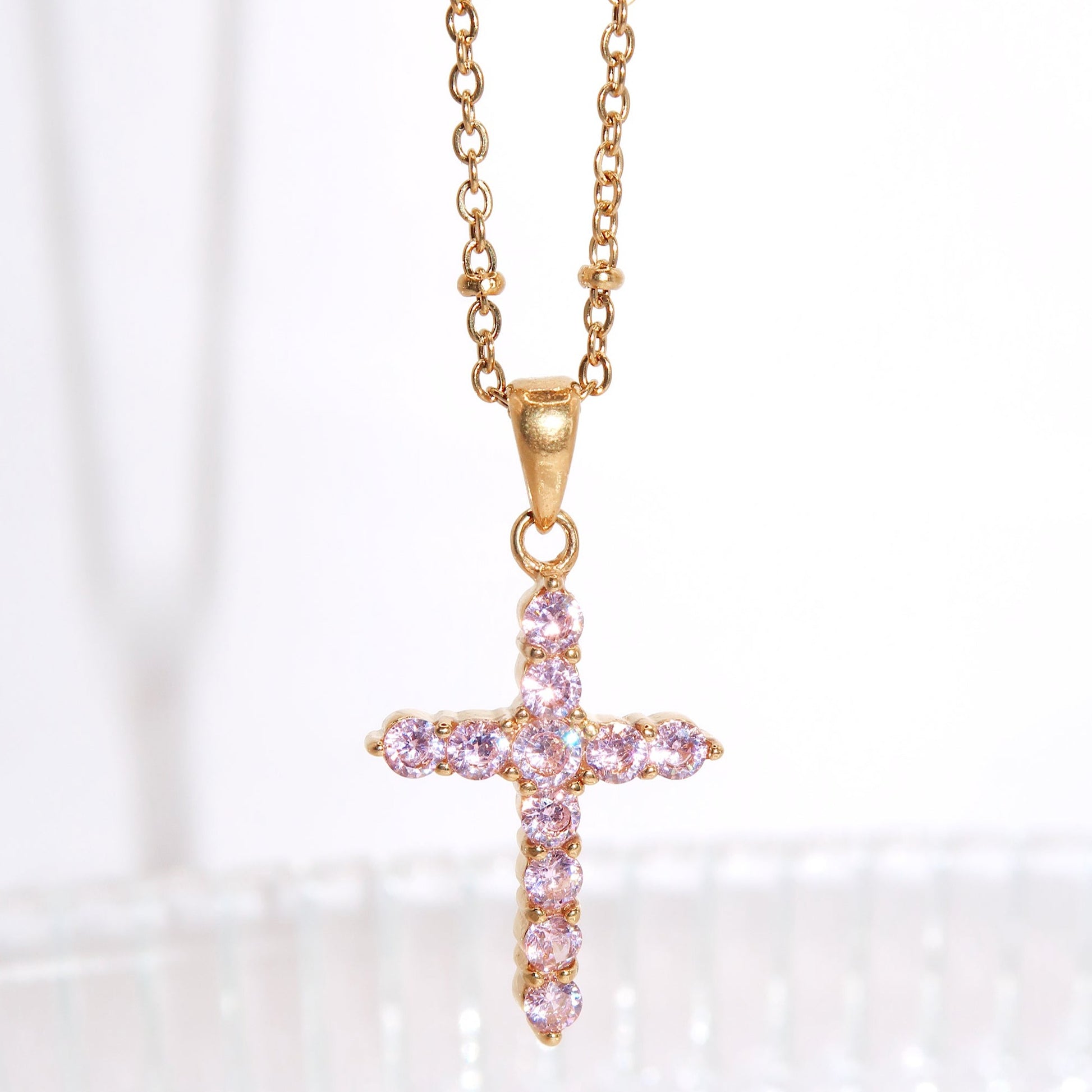 EMMY - 18K PVD Gold Plated Dainty Cross Pendant Necklace with Pink CZ Stones - Mixed Metals