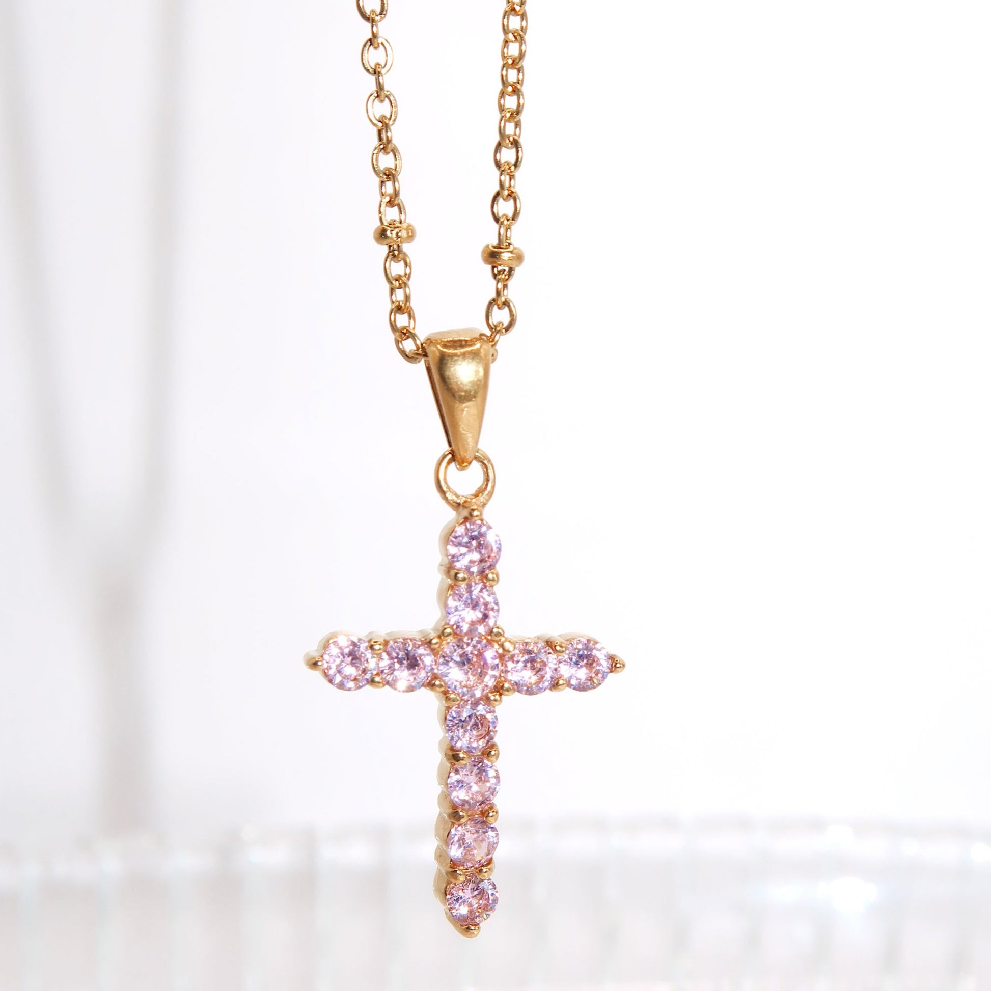 EMMY - 18K PVD Gold Plated Dainty Cross Pendant Necklace with Pink CZ Stones - Mixed Metals