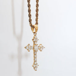 CANDACE - 18K PVD Gold Plated Cross Necklace with Round Brilliant Cut CZ Stones - Mixed Metals