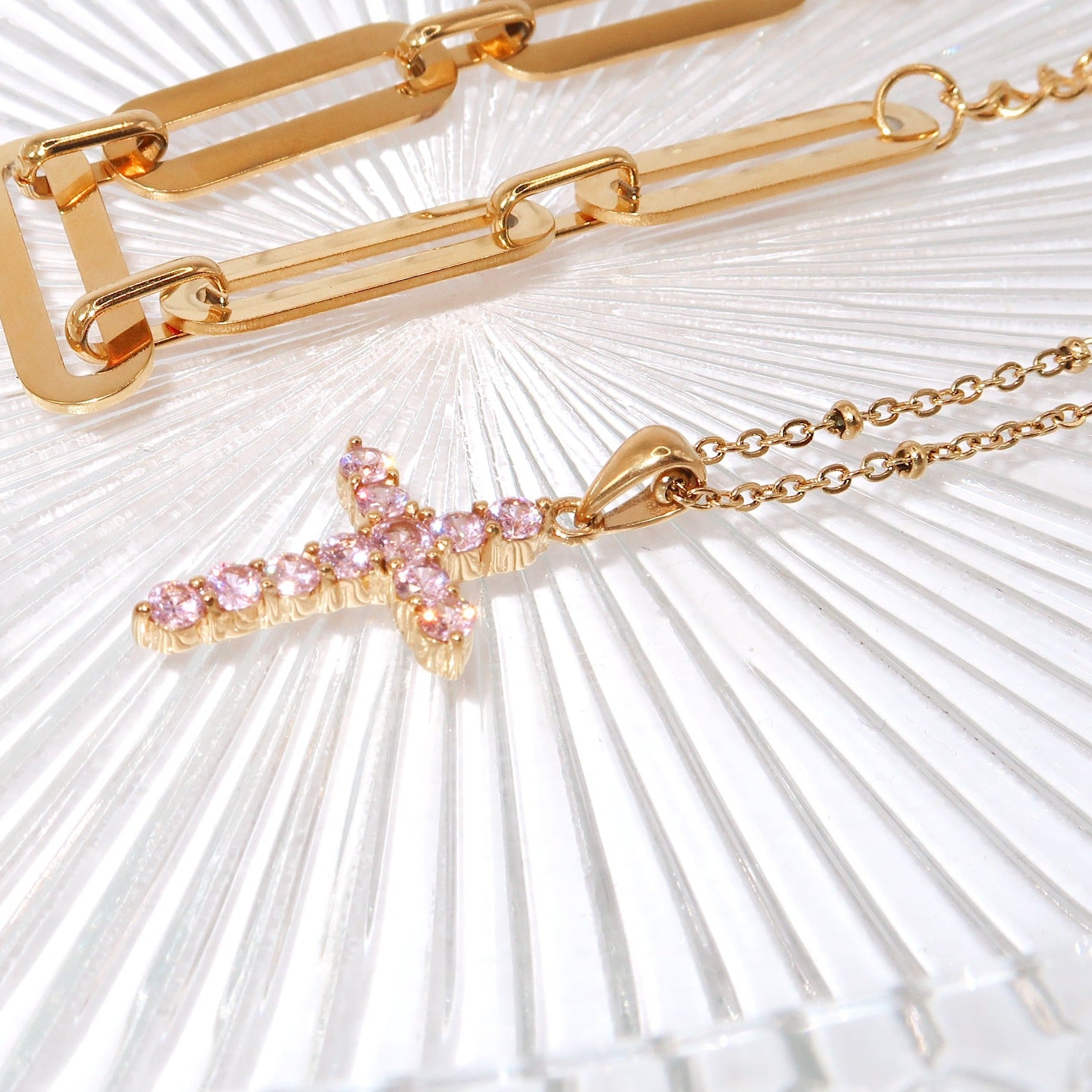 EMMY - 18K PVD Gold Plated Dainty Cross Pendant Necklace with Pink CZ Stones - Mixed Metals