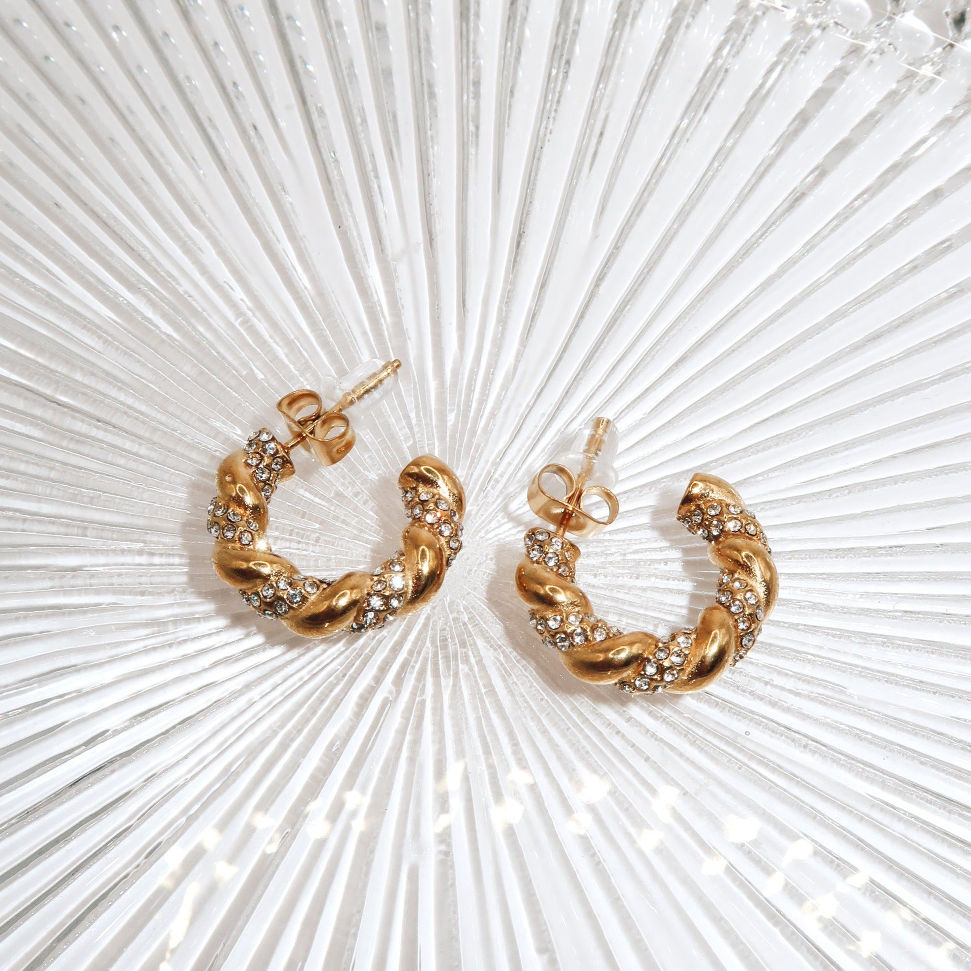 JOSIE - 18K PVD Gold Plated Small Twisted Hoop Earrings with CZ Stones - Mixed Metals