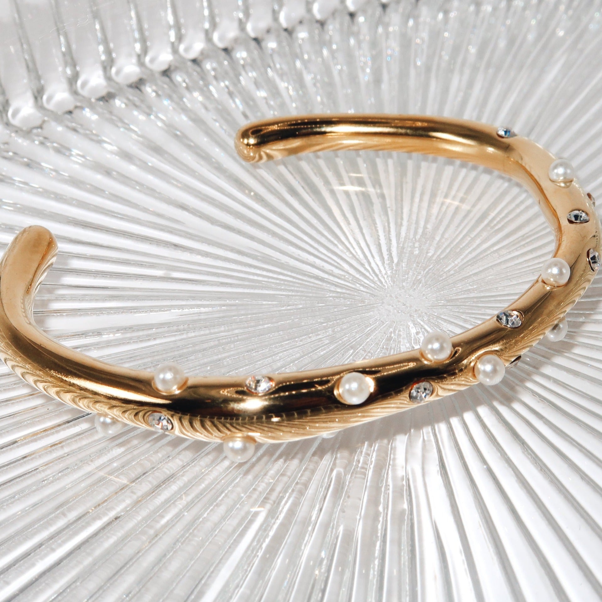 MILANO - 18K PVD Gold Plated CZ Stones and Freshwater Pearl Detail Cuff Bracelet - Mixed Metals