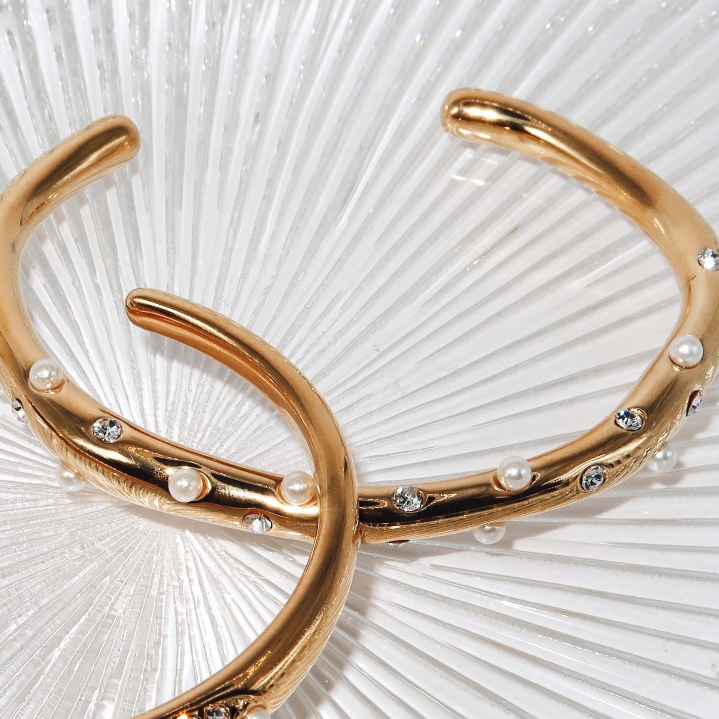 MILANO - 18K PVD Gold Plated CZ Stones and Freshwater Pearl Detail Cuff Bracelet - Mixed Metals