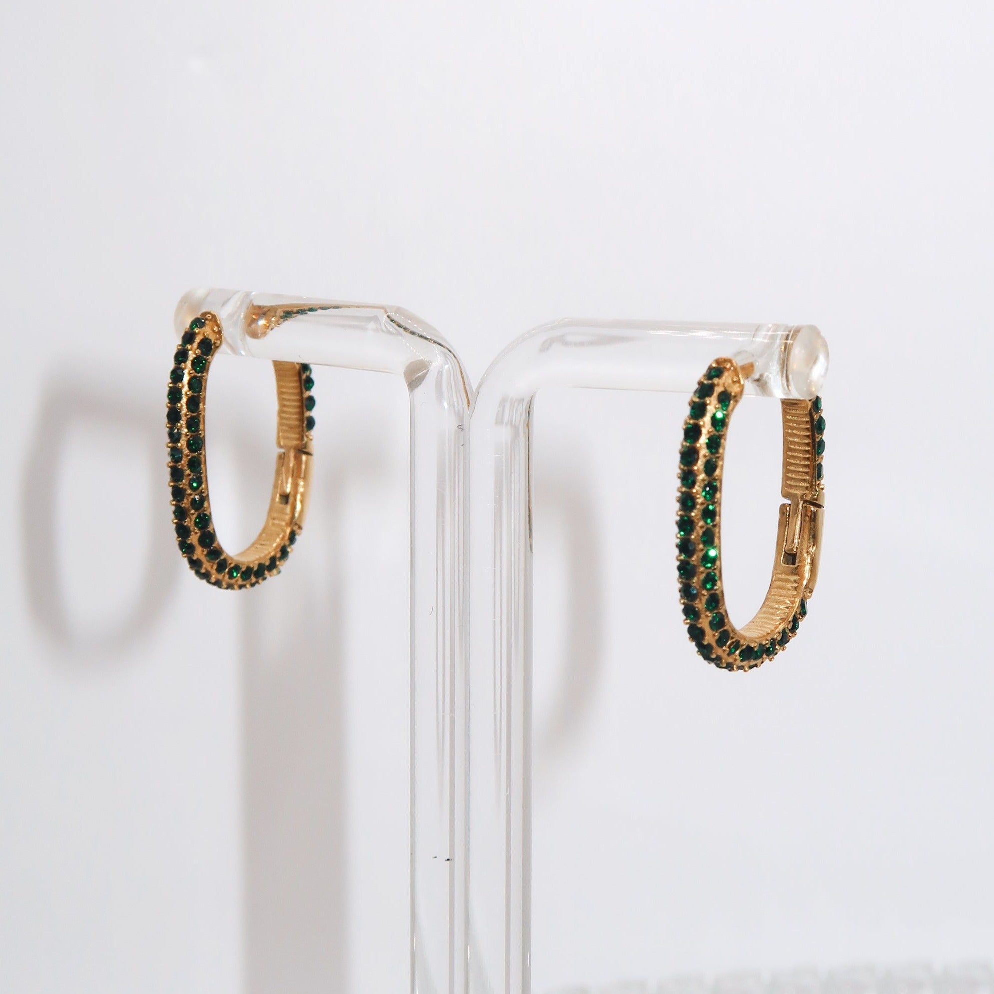 TEAGAN - 18K PVD Gold Plated Rectangular Hoop Earrings with Emerald CZ Stones - Mixed Metals