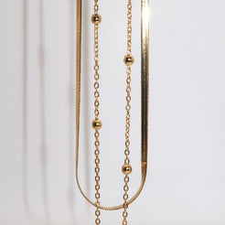 GRACE - 18K PVD Gold Plated Double Layered Necklace w/Gold Bead Detail - Mixed Metals