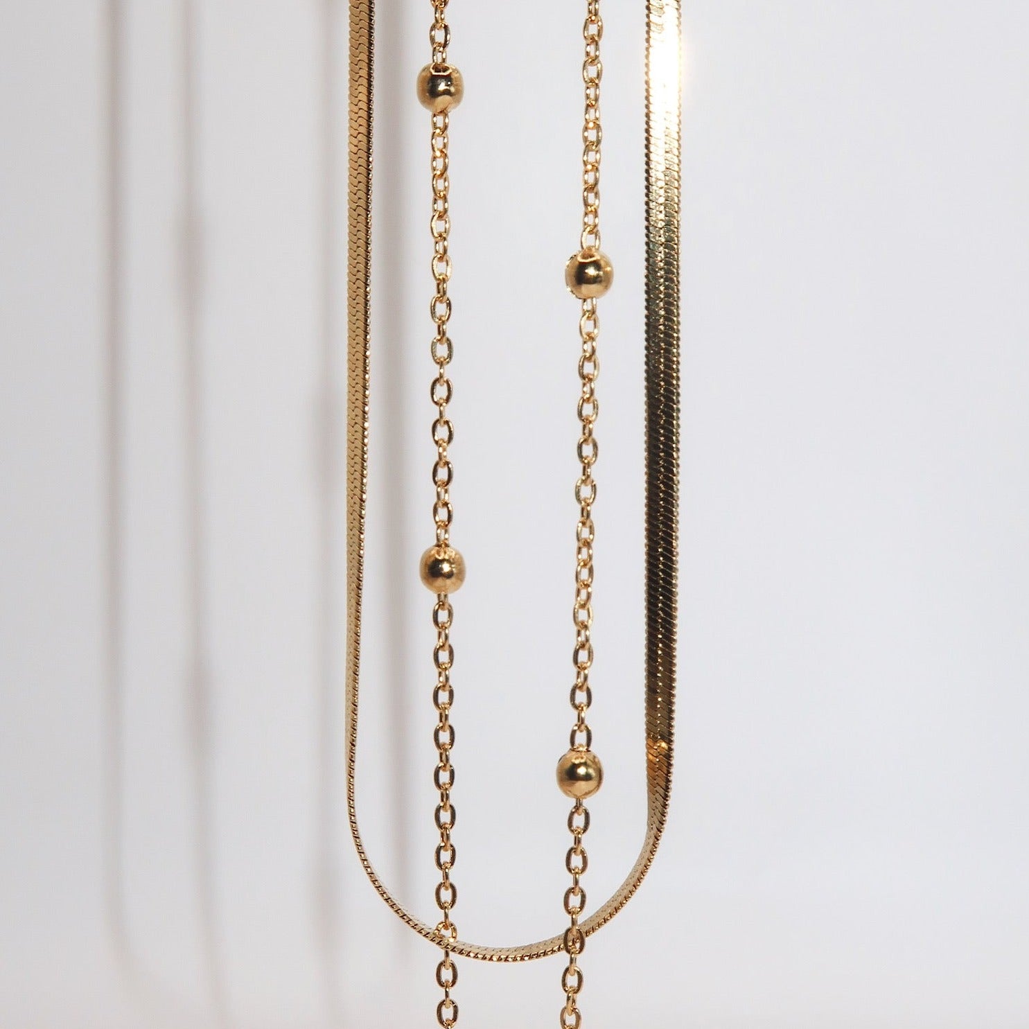 GRACE - 18K PVD Gold Plated Double Layered Necklace w/Gold Bead Detail - Mixed Metals