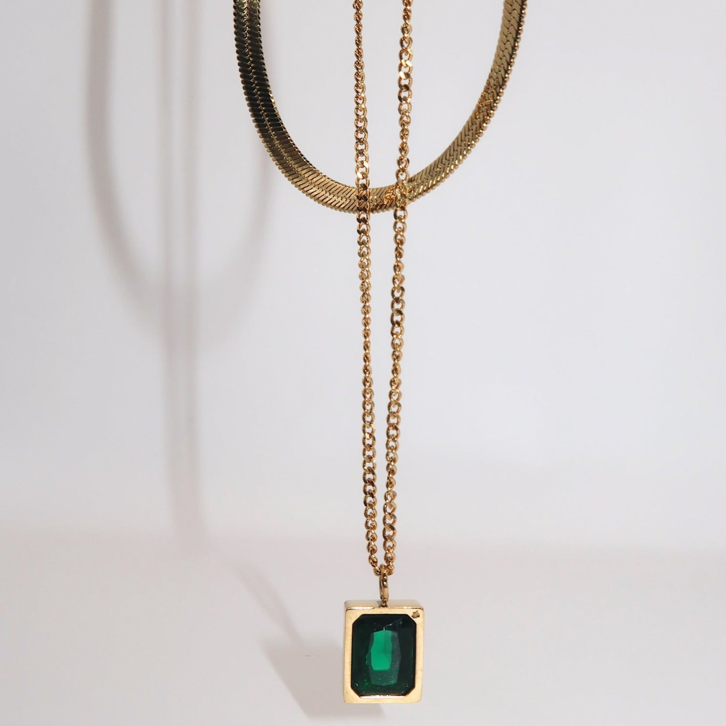 AUBREY - 18K PVD Gold Plated Double Layered Necklace with Emerald Pendant - Mixed Metals