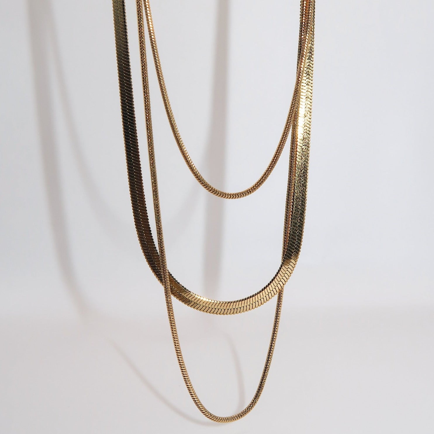 NOVA- 18K PVD Gold Plated Triple Layered Herringbone Necklace - Mixed Metals