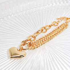 JUNE - 18K PVD Gold Plated Double Link Bracelet with Heart Pendant - Mixed Metals