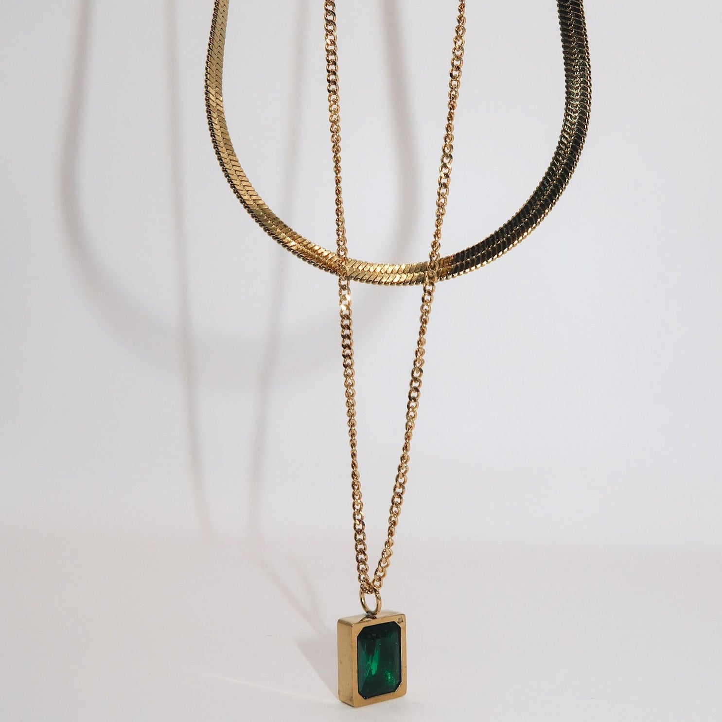 AUBREY - 18K PVD Gold Plated Double Layered Necklace with Emerald Pendant - Mixed Metals