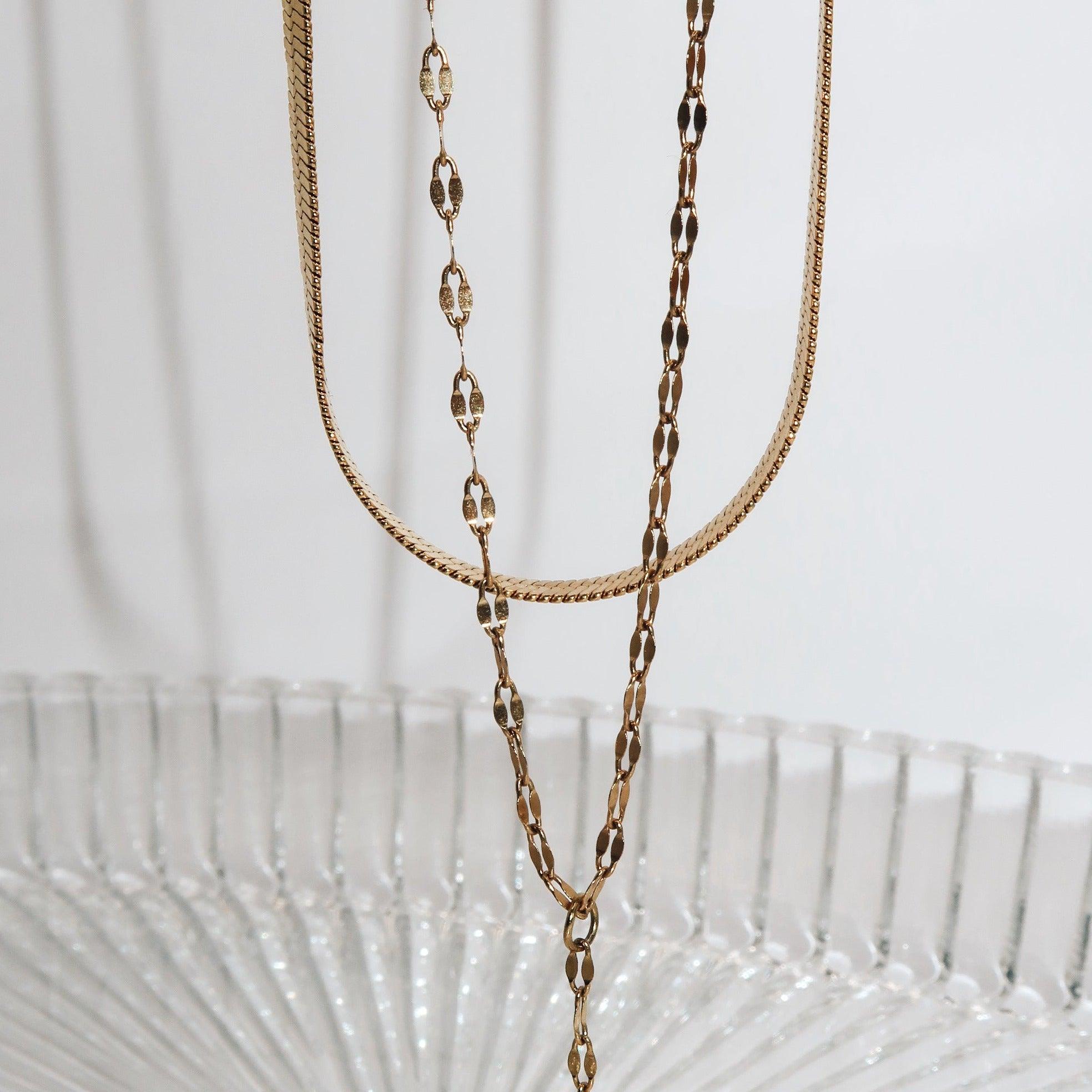 LISA - 18K PVD Gold Plated Herringbone and V-Shaped Chain Necklace - Mixed Metals